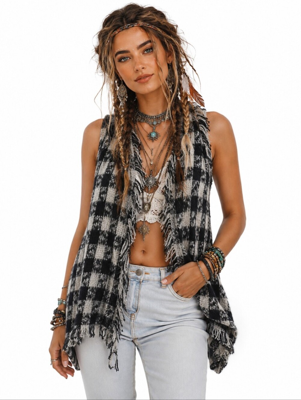 Wooden Ships Buffalo Plaid boho Fringe Vest Black White Open Front  soft Sz M/L